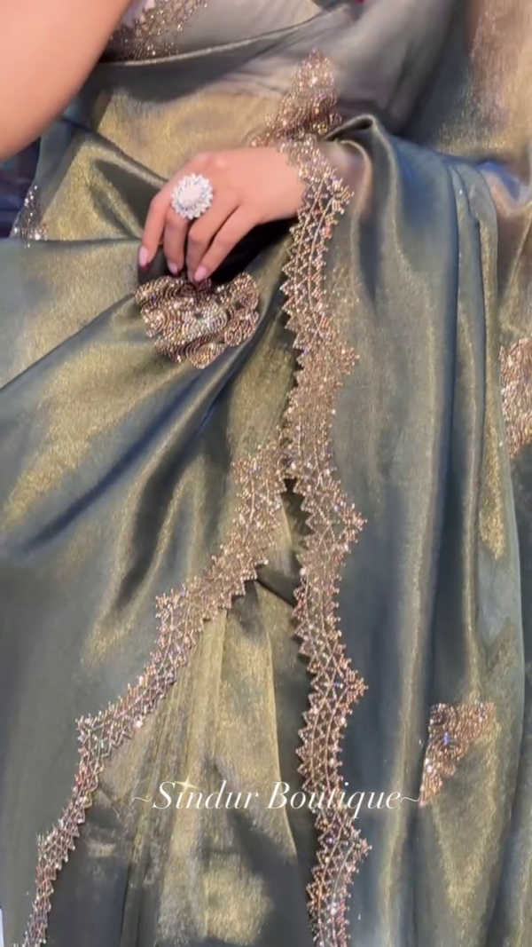MIlitary Green Glass Tissue Saree - Image 4