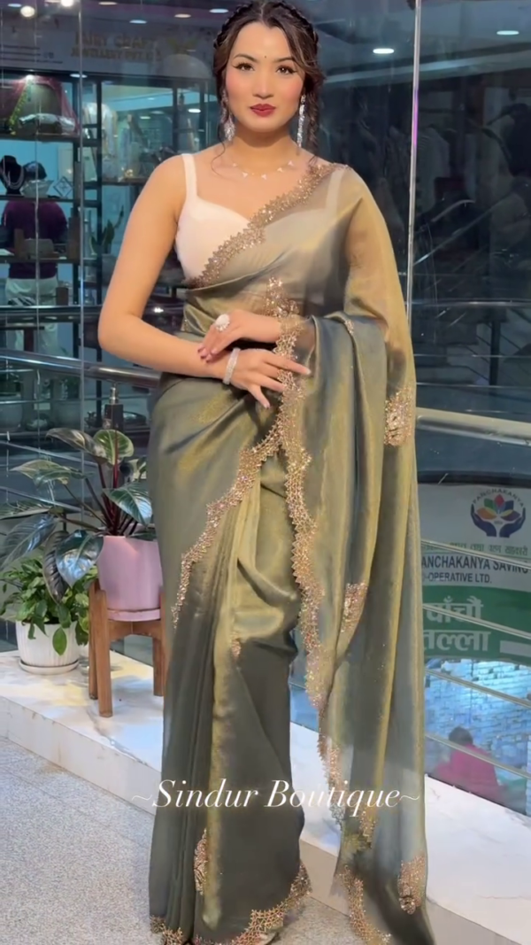 MIlitary Green Glass Tissue Saree