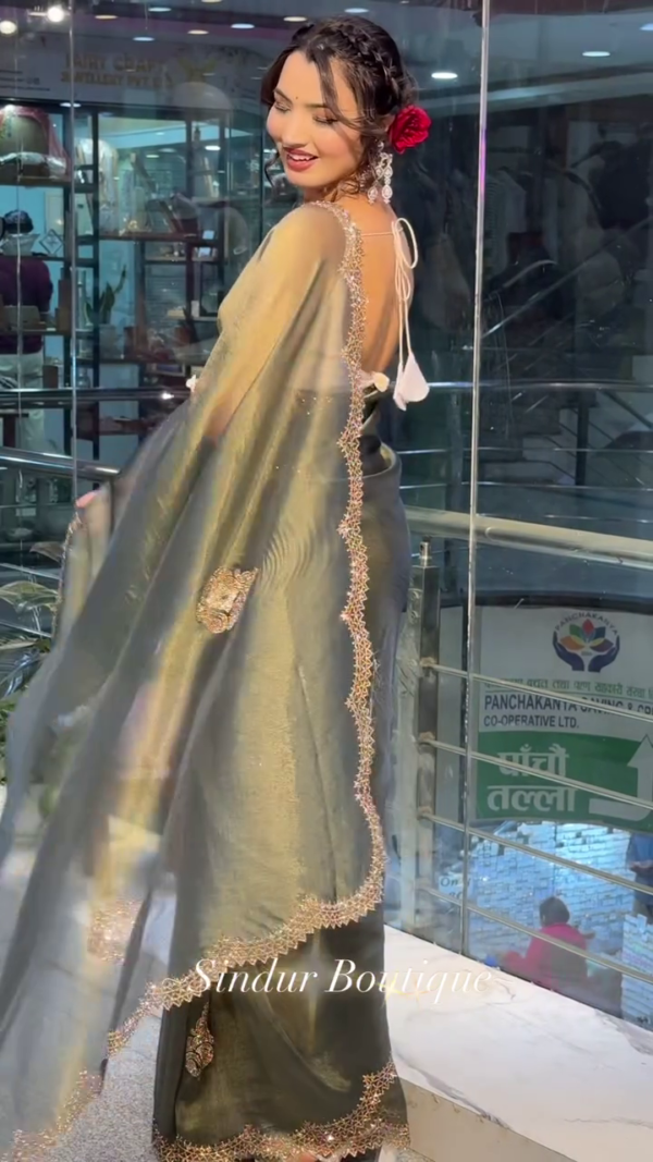MIlitary Green Glass Tissue Saree - Image 2