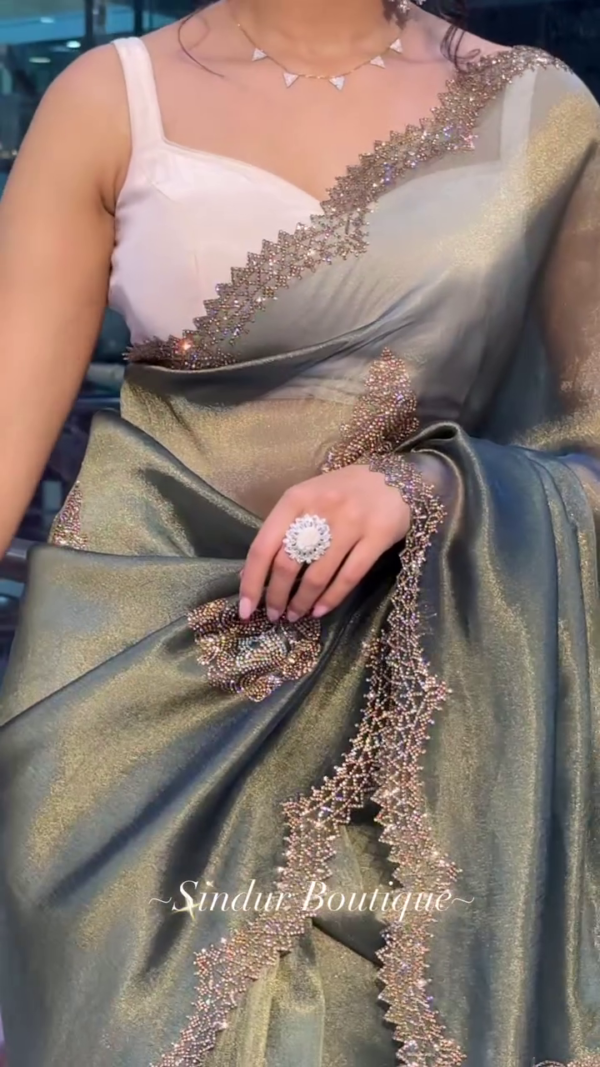MIlitary Green Glass Tissue Saree - Image 5