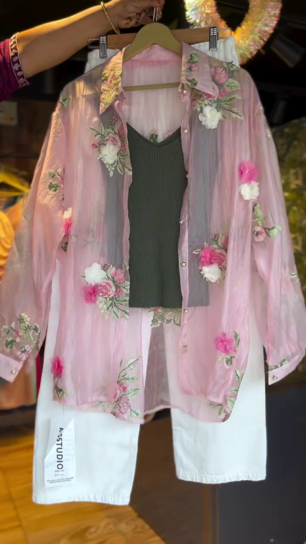Women Transparent  Organza Floral Embellished Shirts With Pant