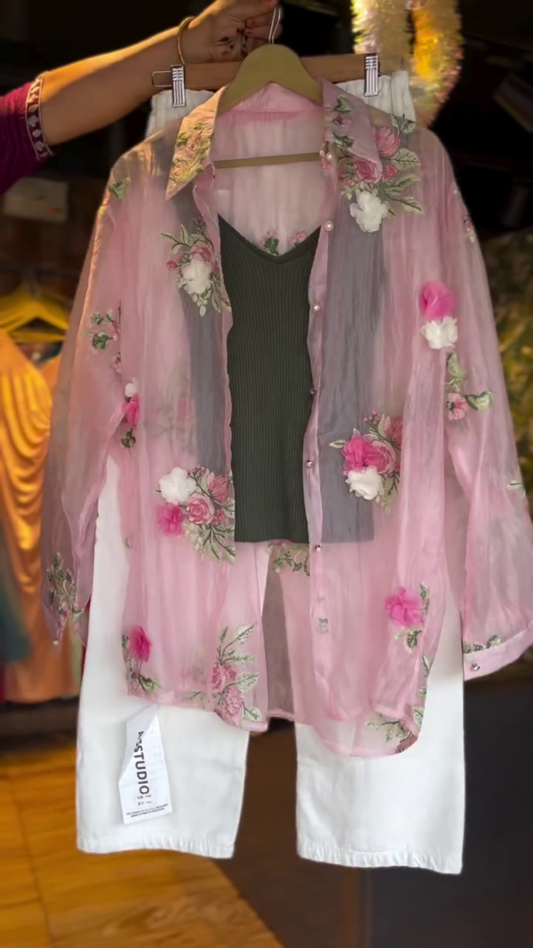 Women Transparent  Organza Floral Embellished Shirts With Pant - Image 3