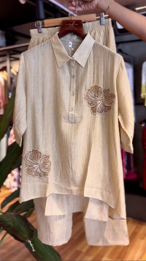 Buy Off White  Hand Applique Cutwork Flower Collar Shirt And Pant Set