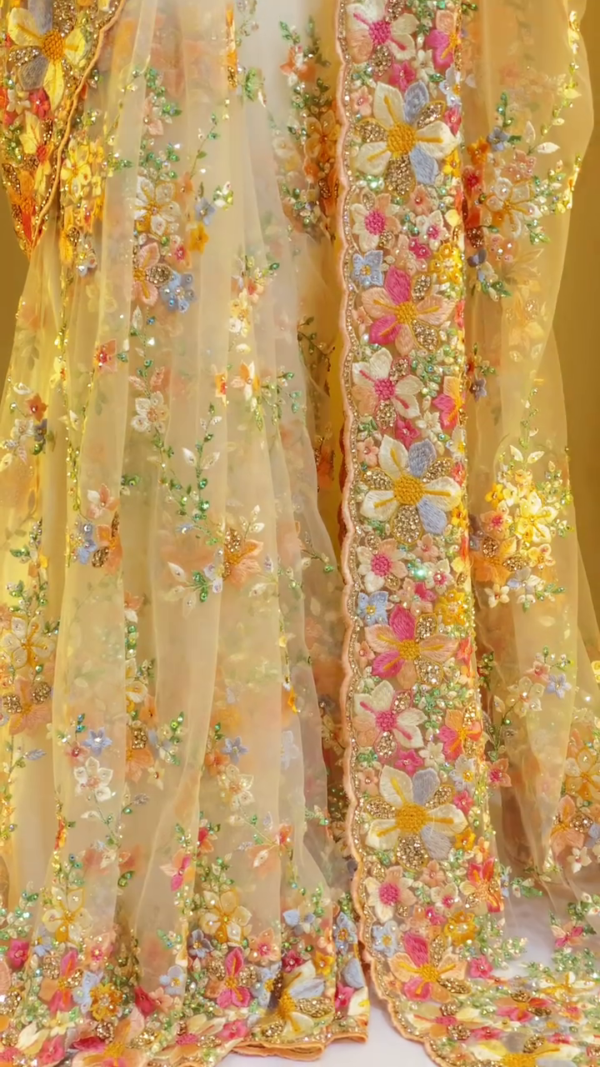 Georgette Floral Printed & Hand Embroidered Pre-Draped Saree Set - Image 4
