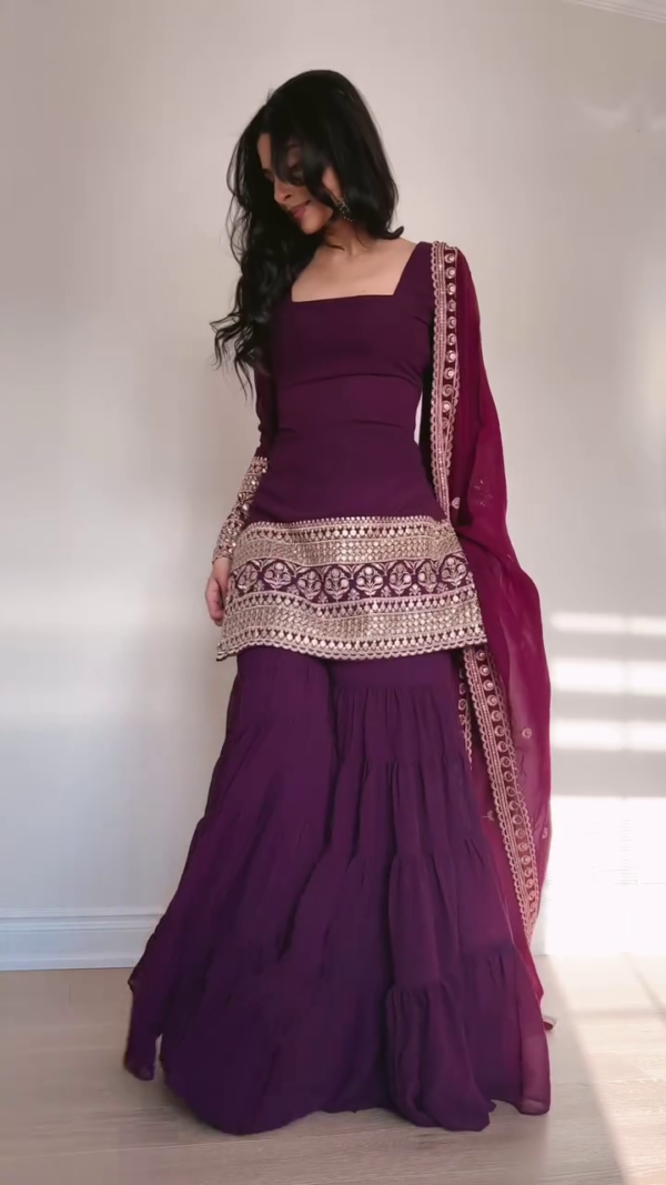 Elegant Pink Layered Sharara Suit Set with Embroidered Dupatta Stylish Pink Georgette Suit - Image 4