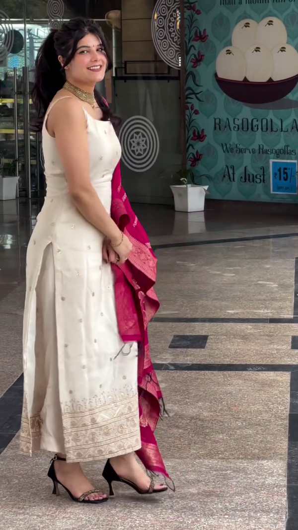 heavy viscose silk,Off White Embroidery Suit With Polka Dot Printed Embroidery  Dupatta