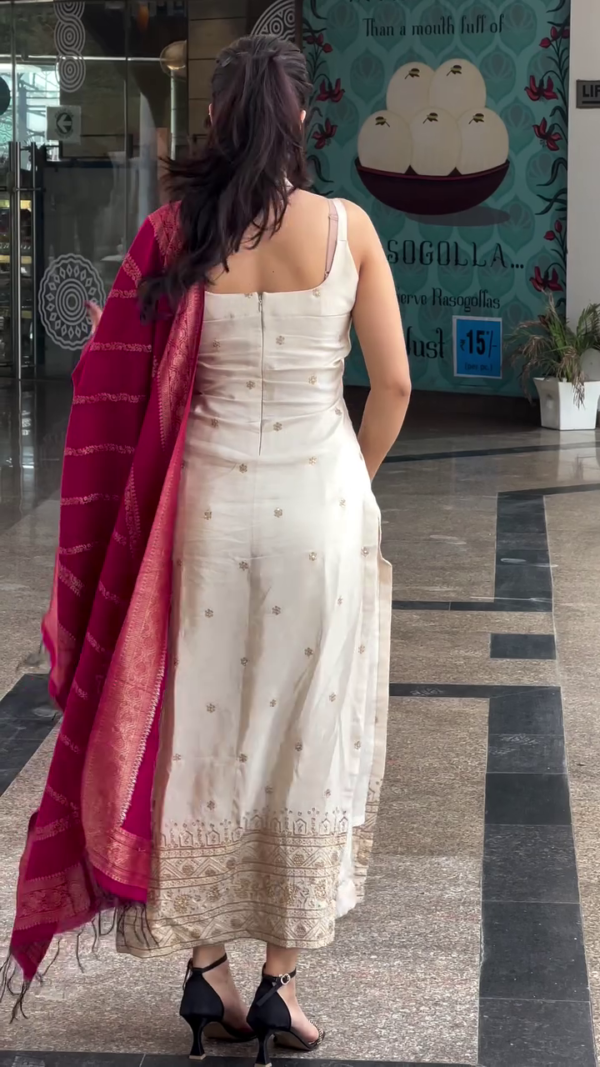 heavy viscose silk,Off White Embroidery Suit With Polka Dot Printed Embroidery  Dupatta - Image 3