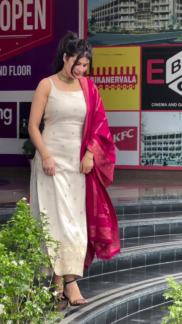heavy viscose silk,Off White Embroidery Suit With Polka Dot Printed Embroidery  Dupatta - Image 2