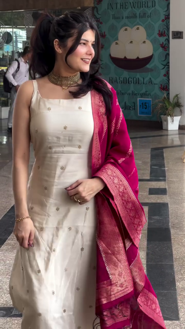 heavy viscose silk,Off White Embroidery Suit With Polka Dot Printed Embroidery  Dupatta - Image 8