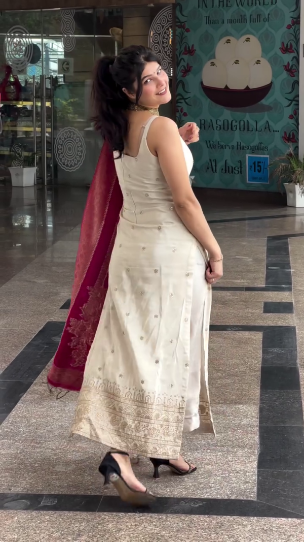 heavy viscose silk,Off White Embroidery Suit With Polka Dot Printed Embroidery  Dupatta - Image 6
