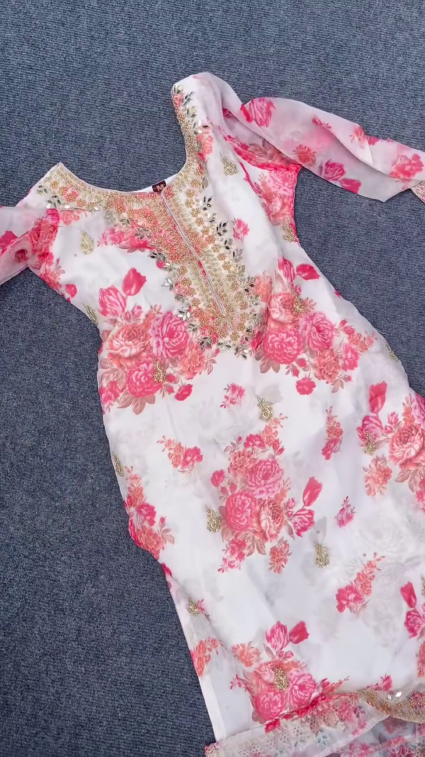White and Pink Floral Embroidered Organza Kurta with Sequin Work, Matching Dupatta  and Soft Cotton Bottom