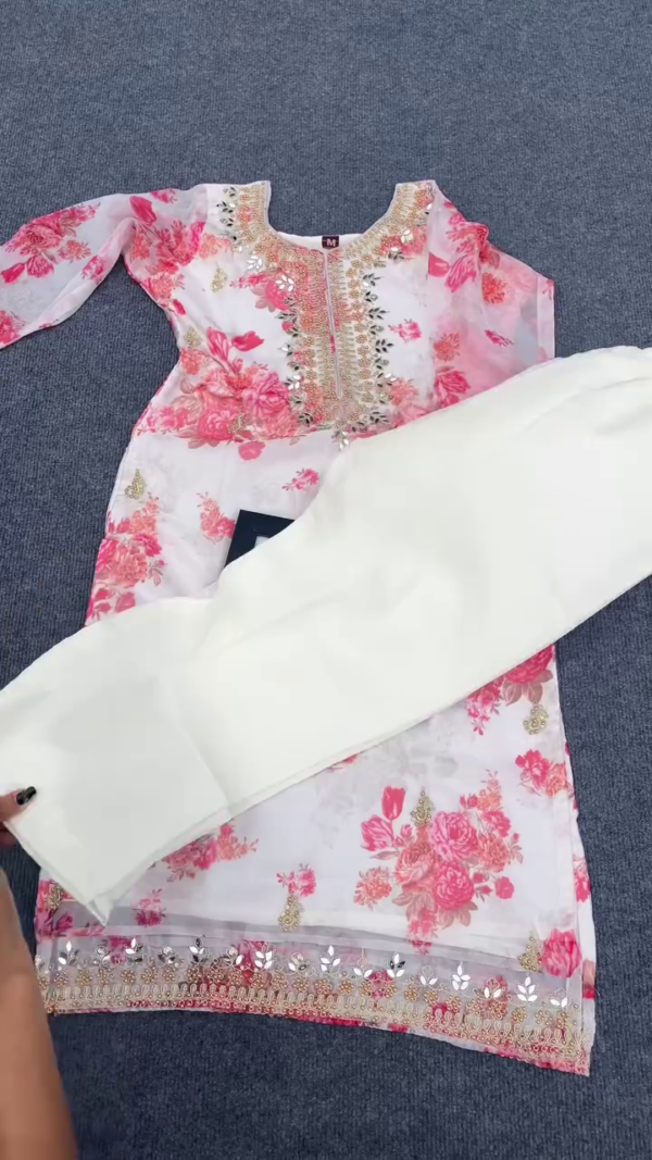 White and Pink Floral Embroidered Organza Kurta with Sequin Work, Matching Dupatta  and Soft Cotton Bottom - Image 2