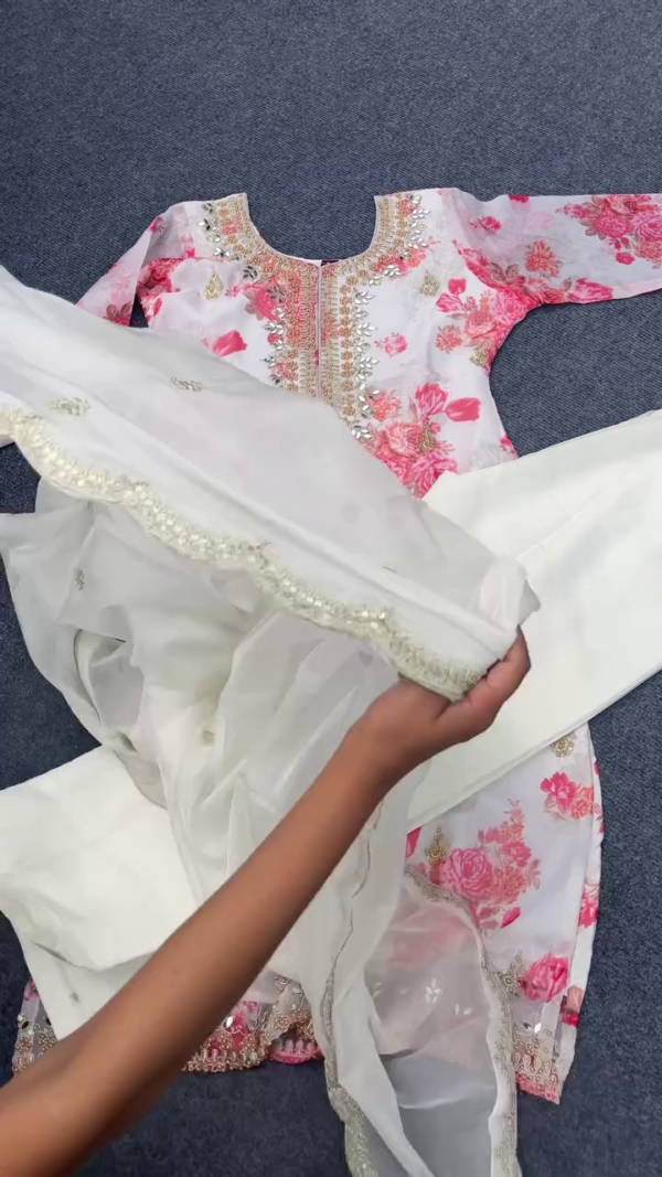 White and Pink Floral Embroidered Organza Kurta with Sequin Work, Matching Dupatta  and Soft Cotton Bottom - Image 5
