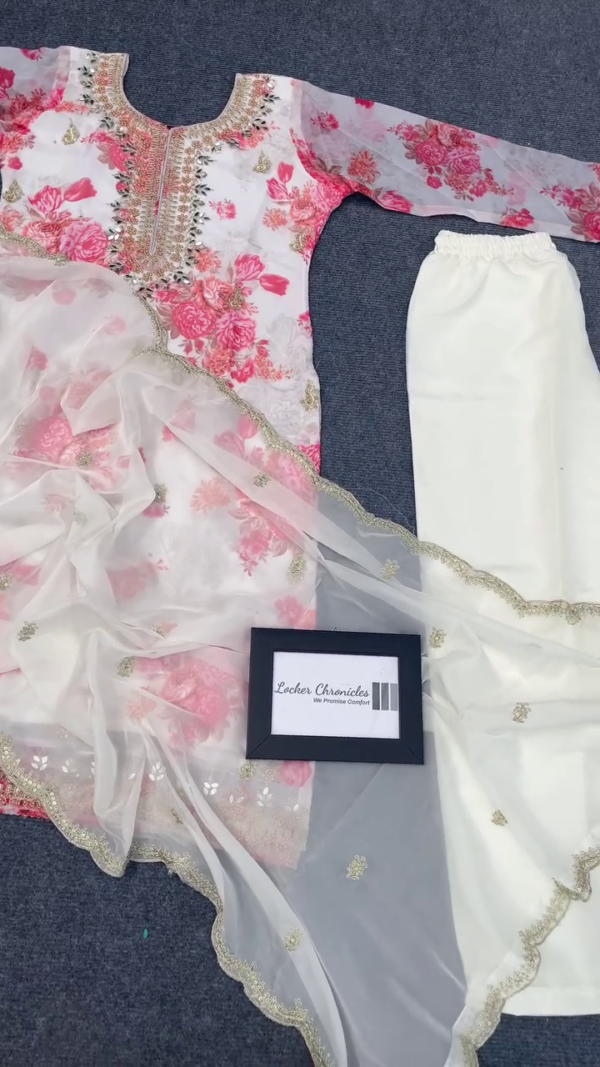 White and Pink Floral Embroidered Organza Kurta with Sequin Work, Matching Dupatta  and Soft Cotton Bottom - Image 4