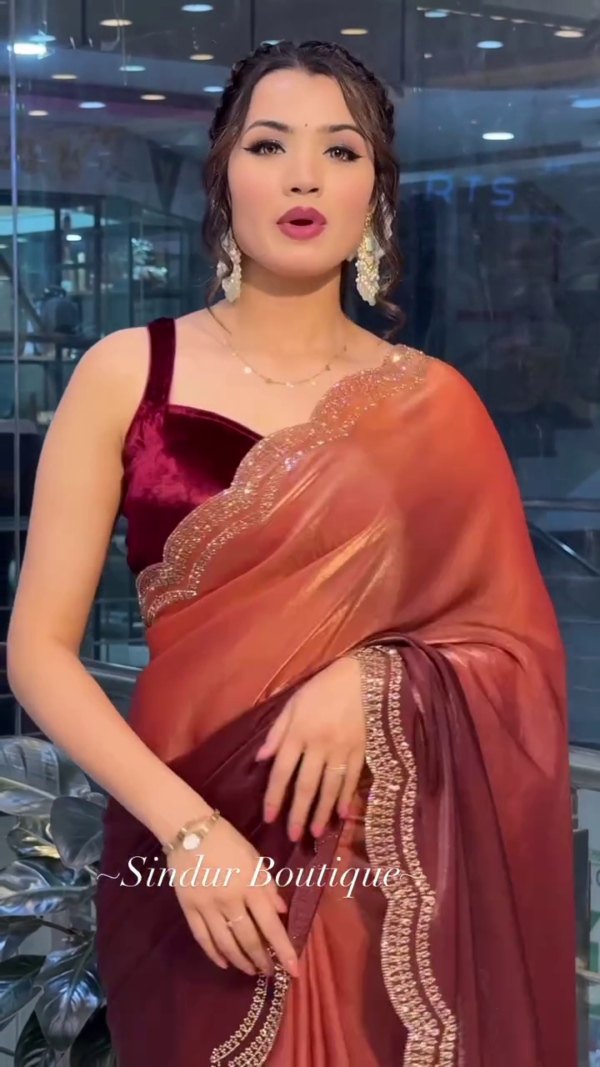 Luxe Rose Gold Velvet Saree with Shimmering Embellished Border - Image 3