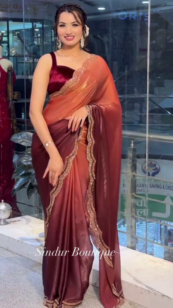 Luxe Rose Gold Velvet Saree with Shimmering Embellished Border