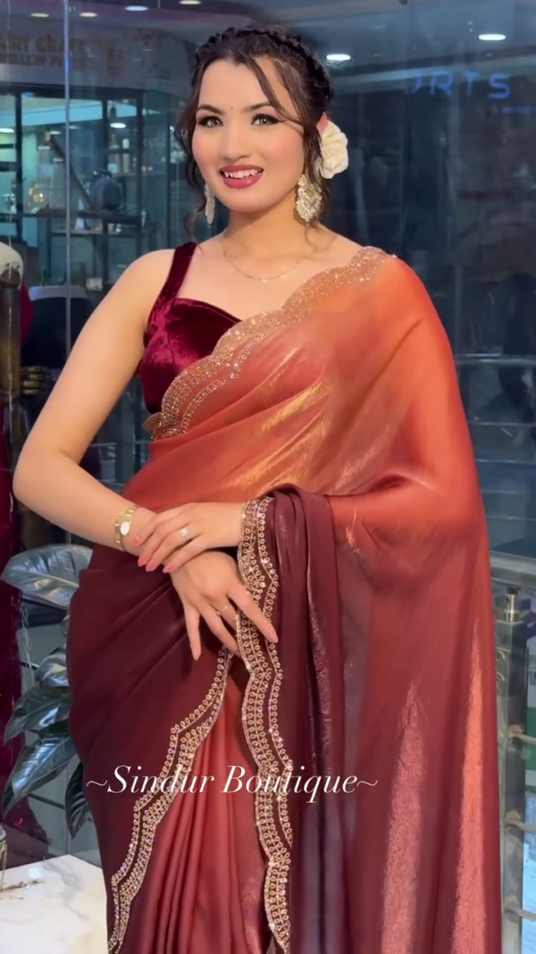 Luxe Rose Gold Velvet Saree with Shimmering Embellished Border - Image 5