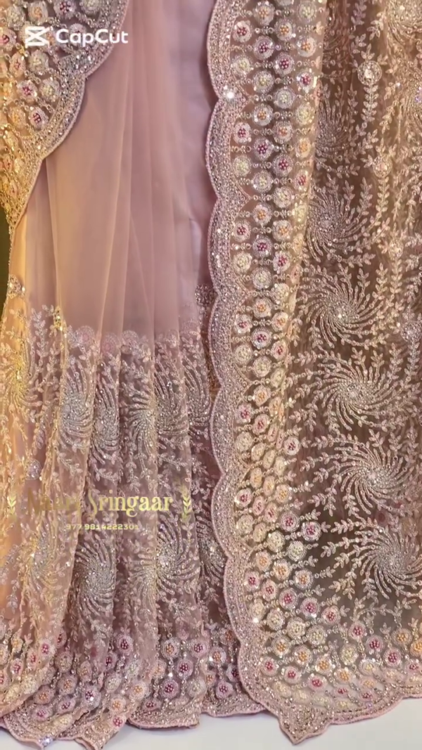 Beige Sequins Embroidered Net Designer Saree with Readymade  Blouse - Image 2