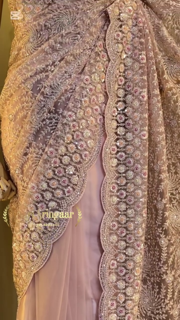 Beige Sequins Embroidered Net Designer Saree with Readymade  Blouse - Image 7