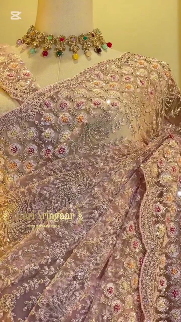 Beige Sequins Embroidered Net Designer Saree with Readymade  Blouse - Image 5