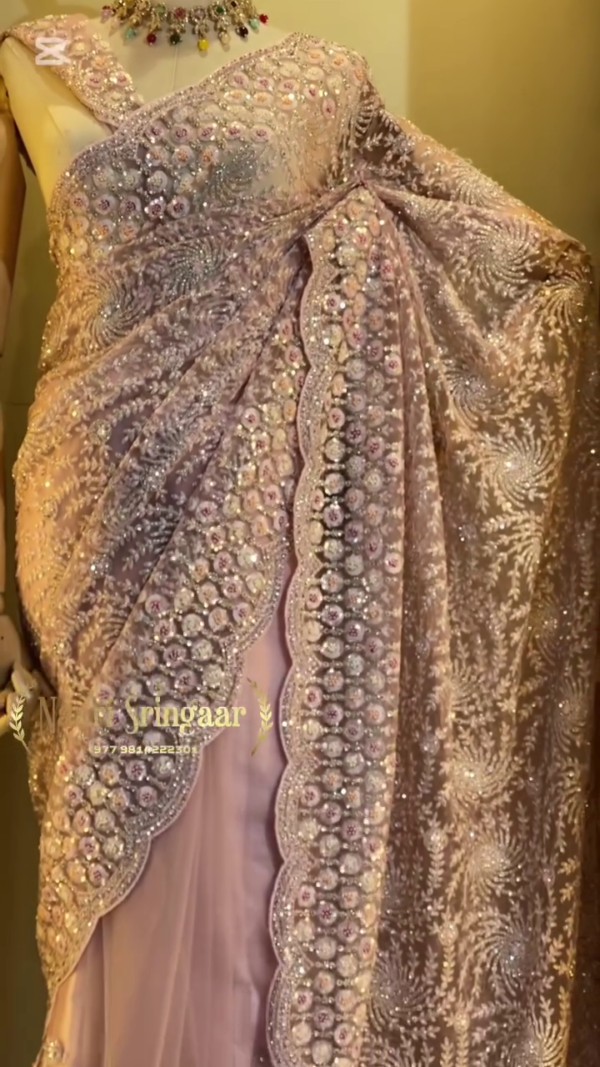Beige Sequins Embroidered Net Designer Saree with Readymade  Blouse - Image 4