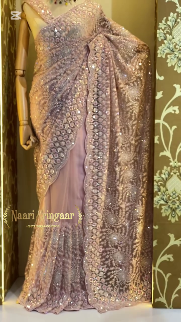Beige Sequins Embroidered Net Designer Saree with Readymade  Blouse